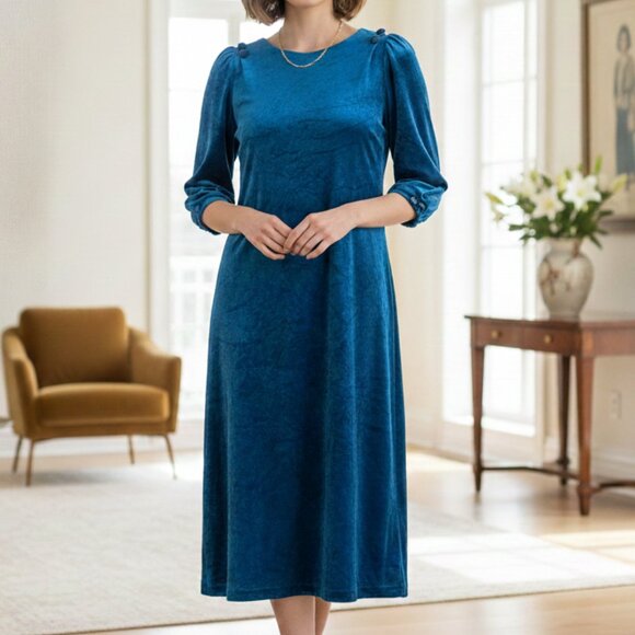 Jodi Michaels Vintage Dress M Back Buttons Puff Sleeves Velvet Turquoise Green - Picture 1 of 16